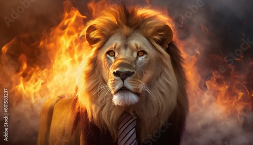 a lion with a tie on its neck in front of a fire background with flames and smoke coming out of its mouth generative ai