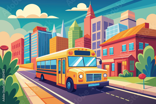 Vibrant illustration of a yellow school bus driving through a city street, ready for back to school