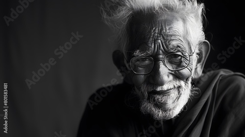 Classic monochrome portrait of an old man smiling.