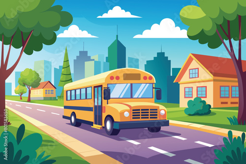 Yellow School Bus Driving on City Street, Cartoon Vector Illustration with Urban Background