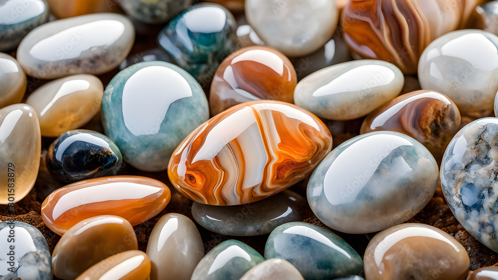 A collection of colorful stones with a shiny, reflective surface