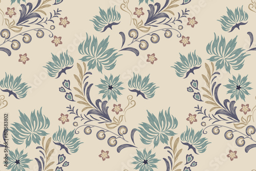 Ethnic pattern seamless with Thai Ikat floral paisley embroidery brown background, indigo motifs geometric traditional style abstract vector illustration.design for texture,fabric,clothing,wrapping