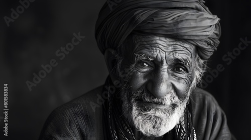 Classic monochrome portrait of an old man smiling.
