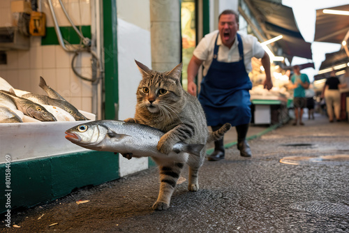 Cat on the Run with Stolen Fish