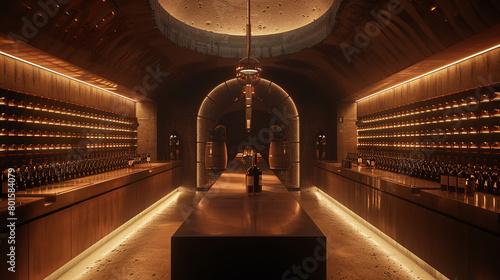 A wine cellar with floor-to-ceiling racks, dim lighting, and a tasting table.