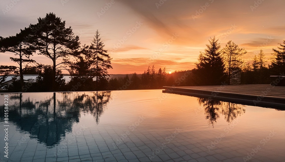 a pool with a view of trees and a sunset the water is calm and the sky is orange