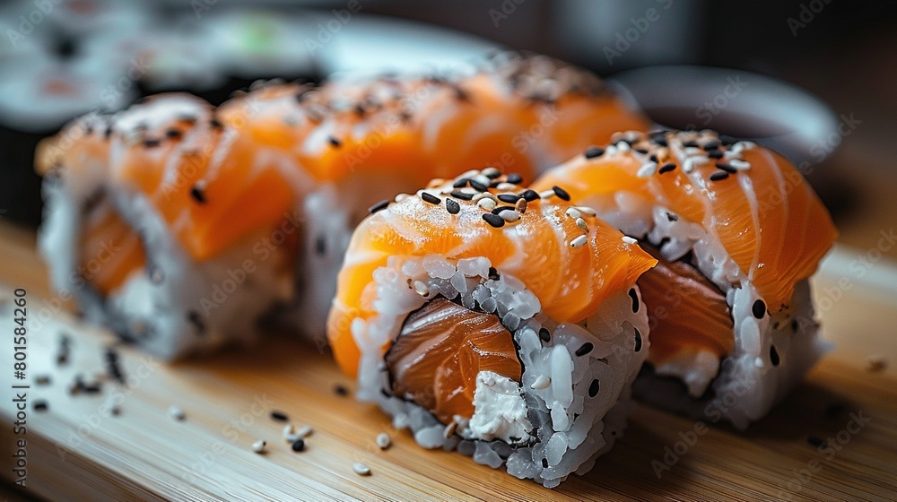A close-up of sushi on a wooden cutting board, with sesame seeds to the side A close-up of sushi on a wooden cutting board, with sesame seeds to the side