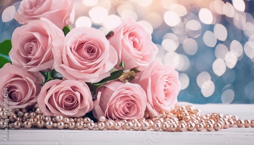 pink roses bouquet and pearls on abstract blur pastel background wedding flowers and bright bokeh glitter backdrop