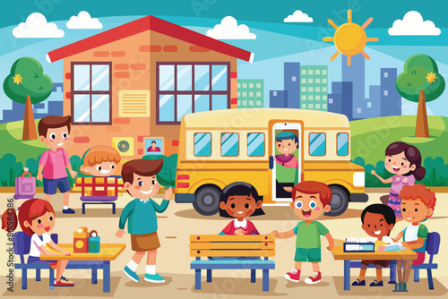 Happy children at school, diverse kids playing and learning in a vibrant schoolyard with bus and building