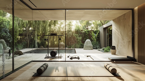 A zen-inspired home gym with a yoga mat, a minimalist weight rack, and a serene view of the outdoors.