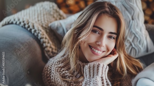 Happy Woman Sitting on Cozy Couch at Home, Smiling and Looking at Camera She is wearing a Warm Sweater and Enjoying a Moment of Relaxation on the Comfortable Sofa Her Natural Beauty Shines