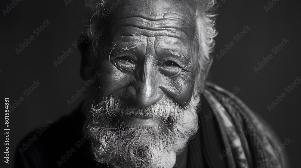 Classic monochrome portrait of an old man smiling.