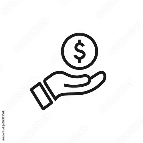 Dollar coin  money on hand - conceptual line icon with editable stroke. Finance symbol. Vector illustration.