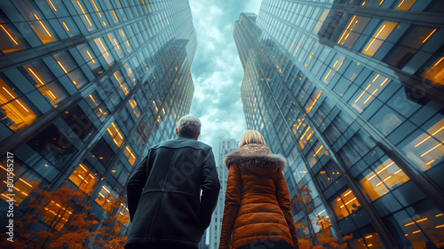 a man and a woman walking down a street in front of tall buildings photo