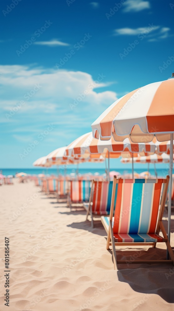 Fototapeta premium A row of beach chairs and umbrellas are set up on a sandy beach. The umbrellas are colorful and provide shade for the chairs.