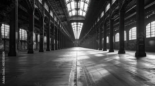 A large, empty building with a lot of windows. The building is mostly black and white. Scene is somewhat somber and empty