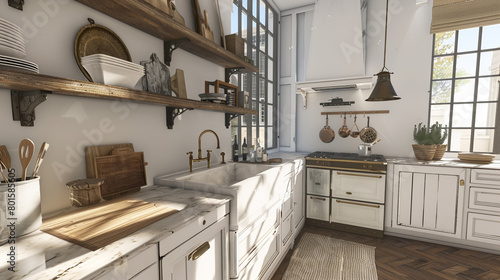An airy kitchen with open shelving, marble countertops, and a vintage farmhouse sink. photo