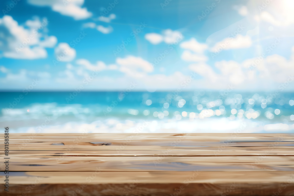 Empty wood tabletop with clean and bright beach background depicting white bokeh sea water and blue sky with clouds Empty wood tabletop with clean and bright beach background depicting white bokeh sea water and blue sky with clouds