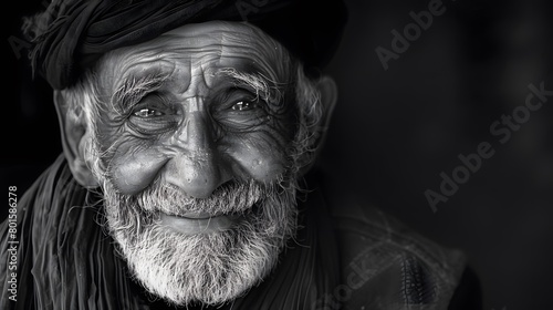 Classic monochrome portrait of an old man smiling.