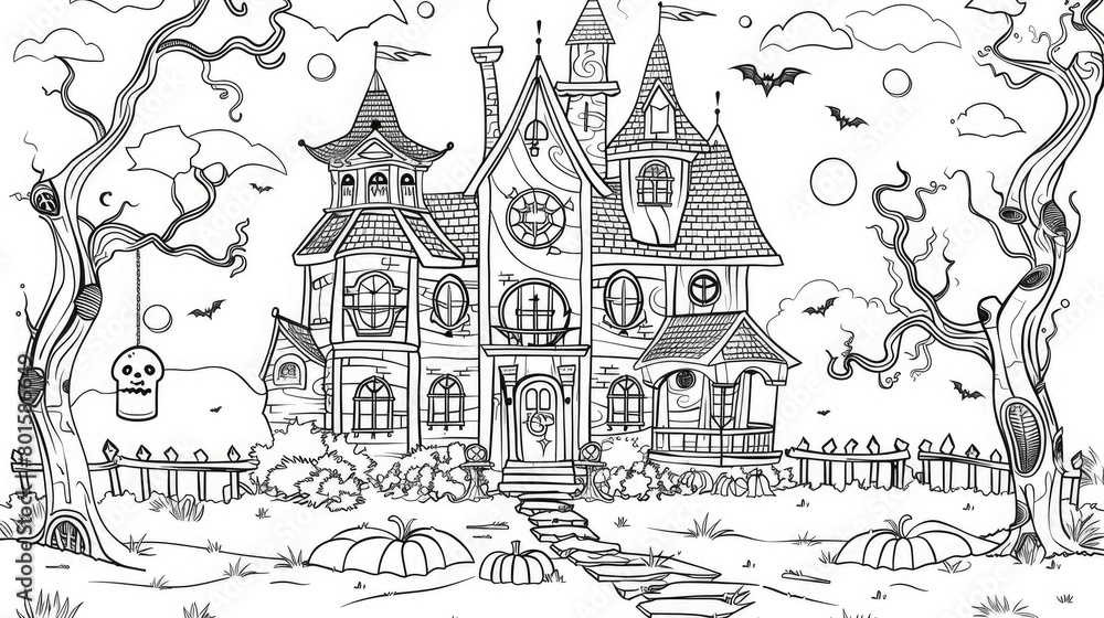 Spooky haunted mansion and mystic fairytale house: Halloween-themed vector coloring page for children - fantasy black and white contour illustration