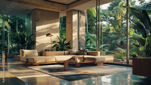 A spacious living room flooded with natural light, adorned with sleek, minimalist furniture and accents of vibrant tropical plants, set against a backdrop of floor-to-ceiling glass windows 