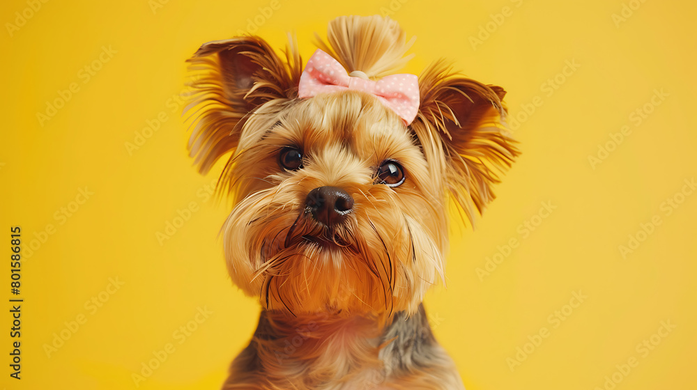 a yorkshire dog with a pink bow on its head