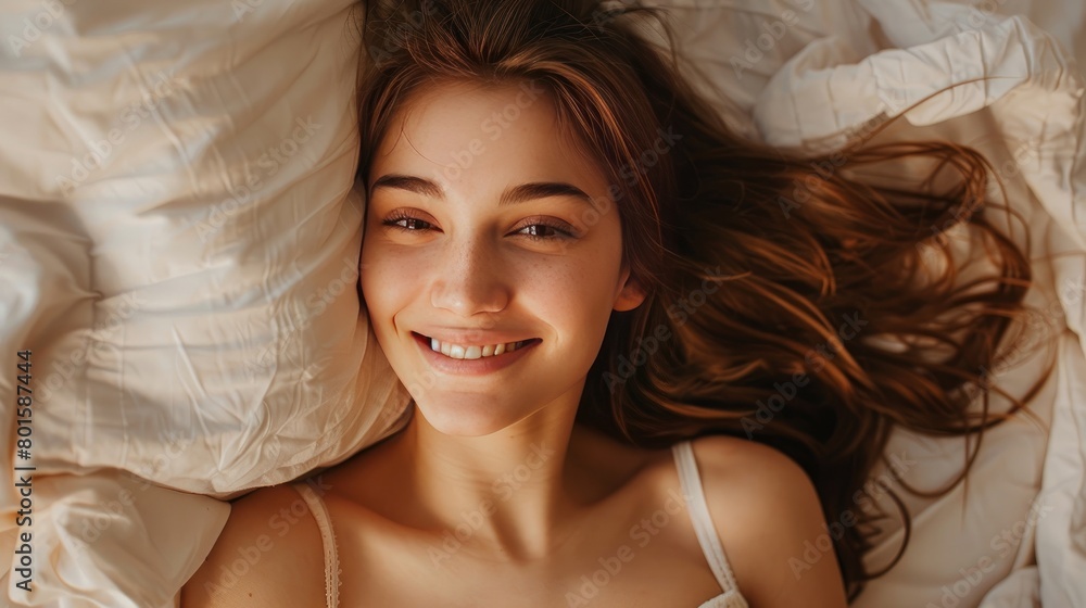 Image of pleased nice beautiful woman smiling and looking at camera while lying in bed at home Image of pleased nice beautiful woman smiling and looking at camera while lying in bed at home