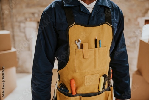 Construction worker wearing handyman apron with tools