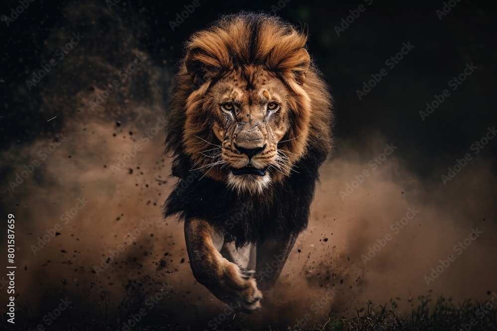 A lion jumping in the dark with dust trailing, motion blur, and dynamic pose.