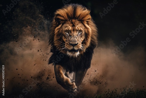 A lion jumping in the dark with dust trailing  motion blur  and dynamic pose.