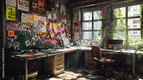 A punk rock study, graffiti-covered desk, and a single safety pin as a paperweight. photo
