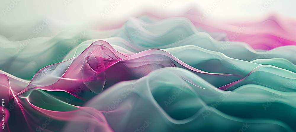 Fototapeta premium A dynamic abstract wallpaper that combines the freshness of mint green with the intensity of deep fuchsia through soft geometric patterns and smooth flowing lines.
