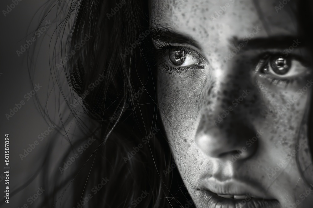 A black and white close up portrait of a woman with dramatic lighting emphasizing the eyes. A black and white close up portrait of a woman with dramatic lighting emphasizing the eyes.