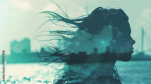 Overlay mixes the silhouette of a long-haired woman and the city at the seaside beach