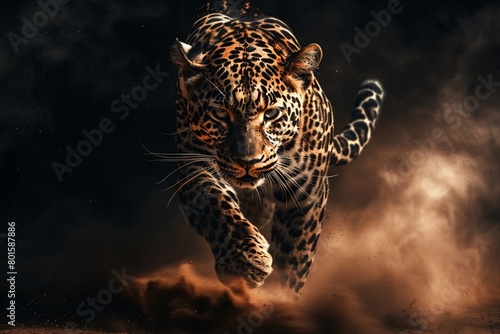 Leopard jumping dynamically in low light, dust particles floating, high contrast, detailed texture visible. © vachom
