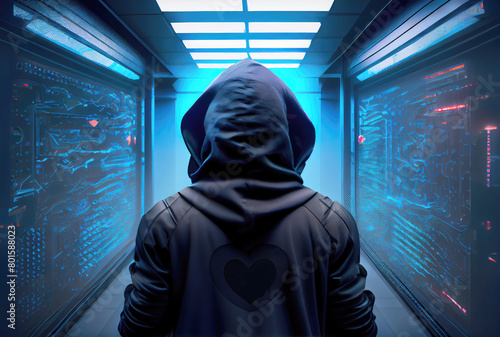 Hacker in the black hood in the server room. Unrecognizable people. Technology and Cybersecurity and Criminal concept. Generative AI