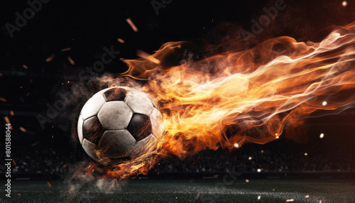 Burning football with fire effect on dark stadium football field background. Sport and leisure game tournament concept. Generative AI photo