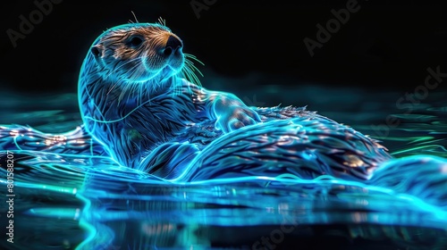 Sea Otter Animal Plexus Neon Black Background Digital Desktop Wallpaper HD 4k Network Light Glowing Laser Motion Bright Abstract photo