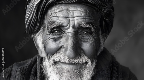 Classic monochrome portrait of an old man smiling.