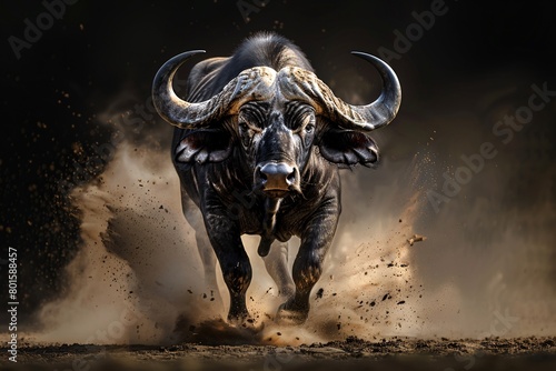 A buffalo charges powerfully at night, dust trailing, under a spotlight, showcasing intense motion and formidable presence.