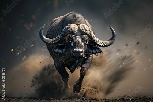 Dark  dynamic image of a buffalo running fast  dust flying  motion blur visible  high contrast  low light.