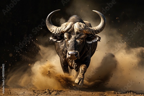 Dynamic image of a buffalo charging in the dark, dust flying, with visible motion blur and detailed texture.