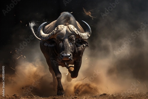 A buffalo charging powerfully in low light, dust flying, showcasing detailed texture and dynamic motion.
