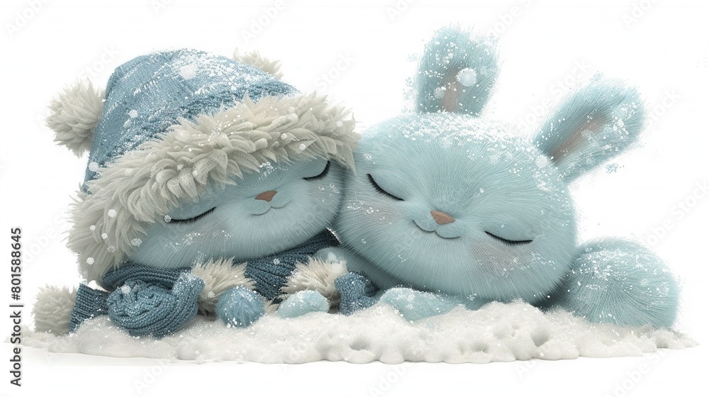  A pair of plush animals lounging on a snowy landscape with flurries surrounding them