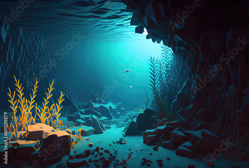 Deep sea and aquatic life with sunshine background. Marine life and undersea concept. Generative AI photo