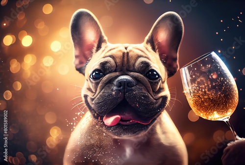 Happy French Bulldog dog with toasted wine glass in party and golden bokeh light background. Animal and pet concept. Digital art illustration. Generative AI © World