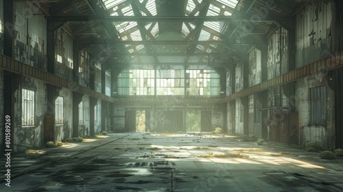 A large, empty, and dilapidated building with a lot of windows. Scene is one of emptiness and decay photo
