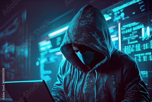 Hacker in the black hood in the server room. Unrecognizable people. Technology and Cybersecurity and Criminal concept. Generative AI