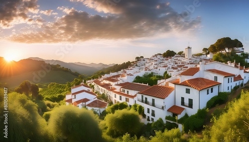 Capture the essence of the Spanish countryside with this stunning image of whitewashed houses nestled amidst lush greenery  their terracotta tiles glowing in the warm sunlight
