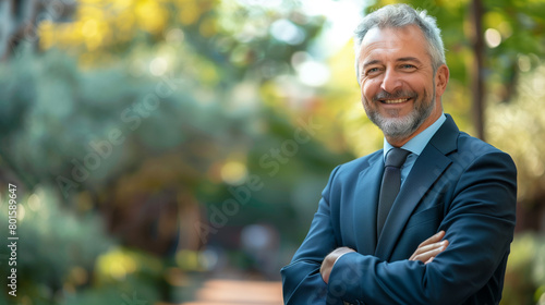 Happy middle aged business man entrepreneur looking at camera outdoors. Smiling confident mature businessman professional executive, successful lawyer wearing suit standing arms crossed, portrait